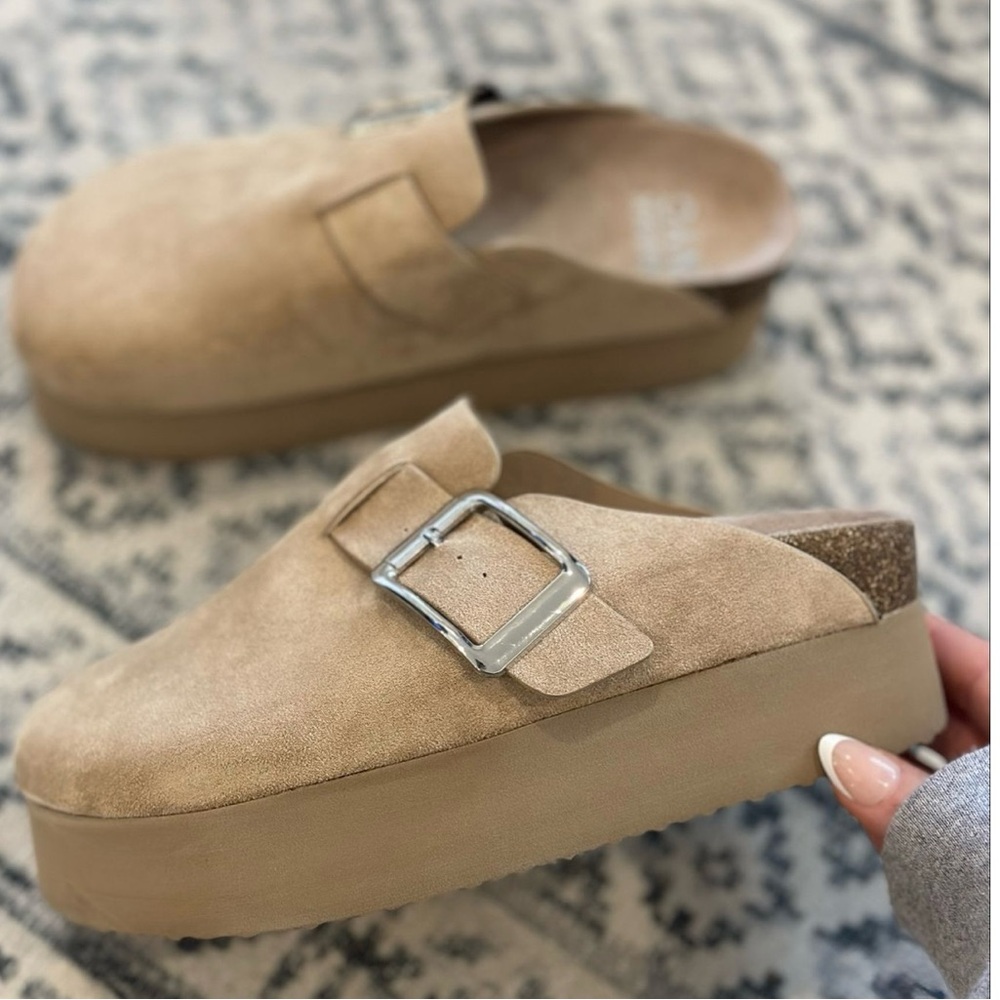 Madden NYC Tan Suede Platform Mules